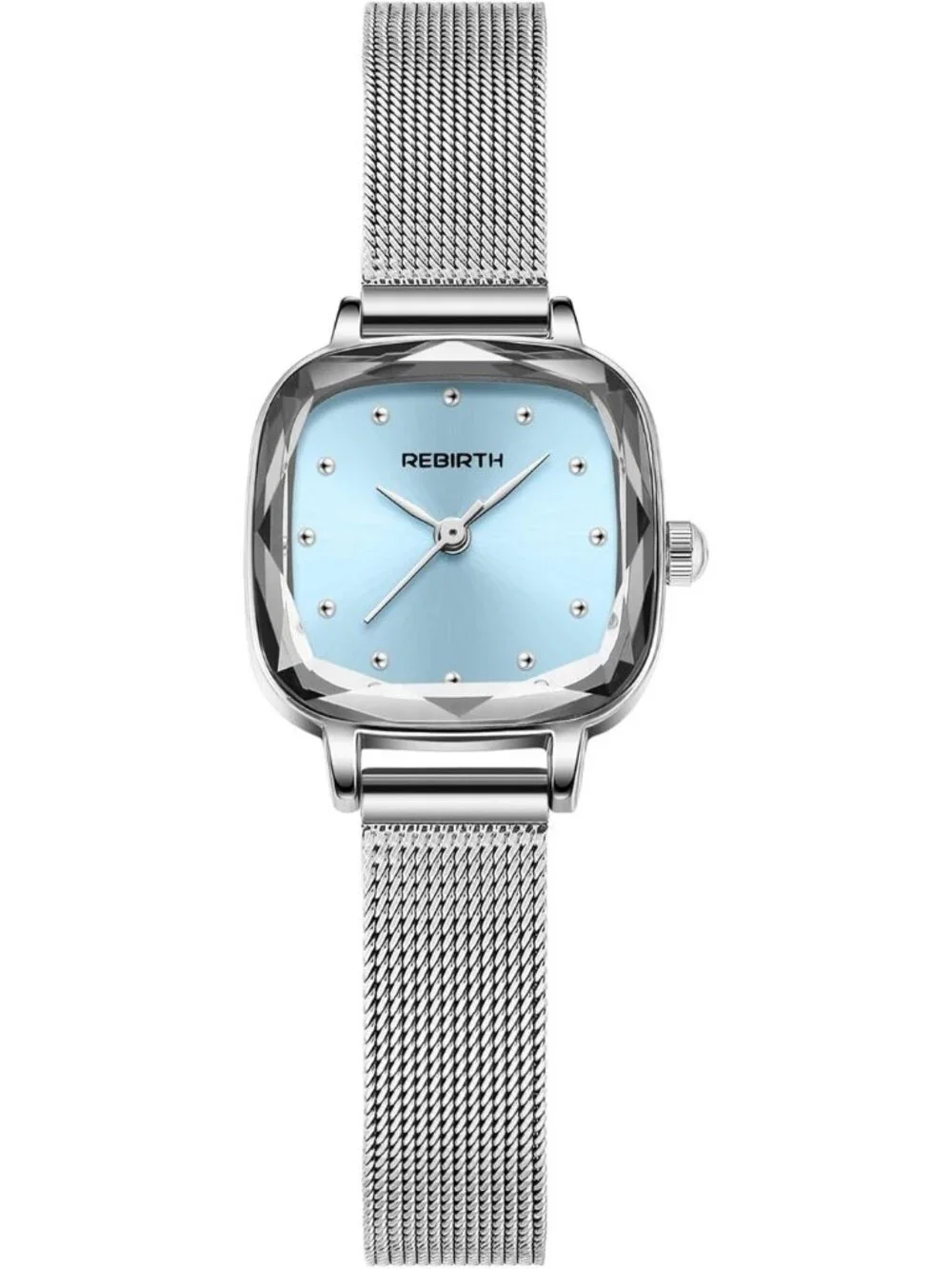 Women's Silver Blue Square Minimalist Dial Mesh Band Crystal Case Wrist Watch